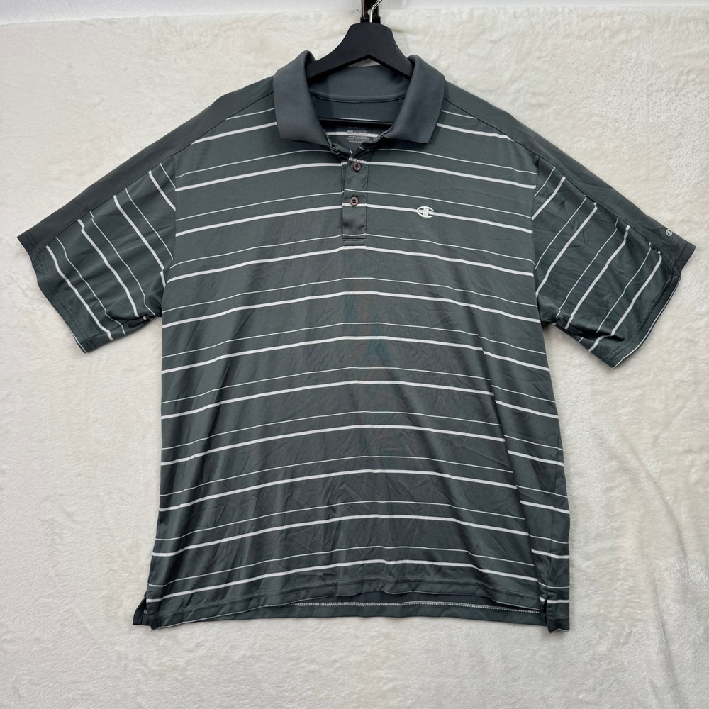 Champion Polo Shirt Mens Large Grey Striped Double Dry Short Sleeve Collared